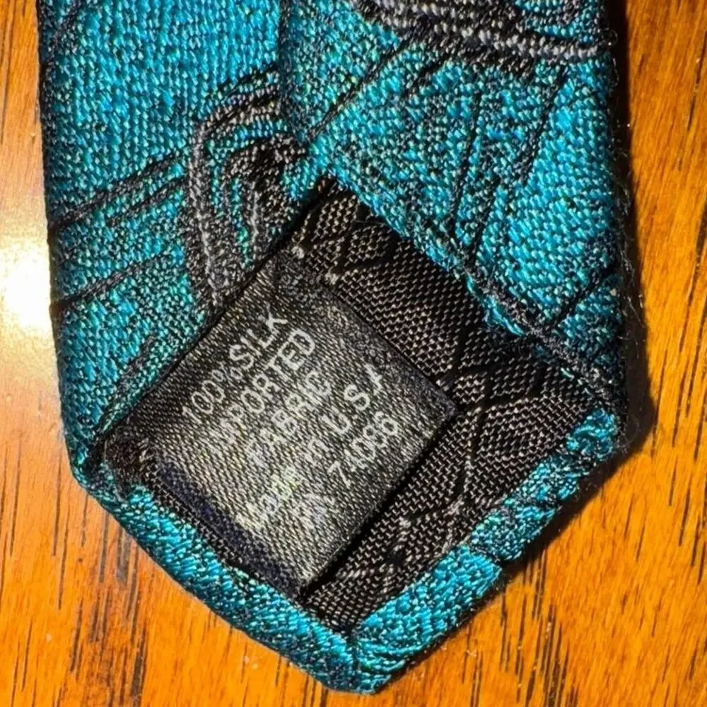 Bachrach Textured 100% Silk Repp Tie Made in USA Geometric Teal Blue & Black